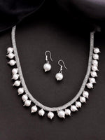 Silver Plated Pearls and AD-Studded Necklace & Earrings-VOJ092