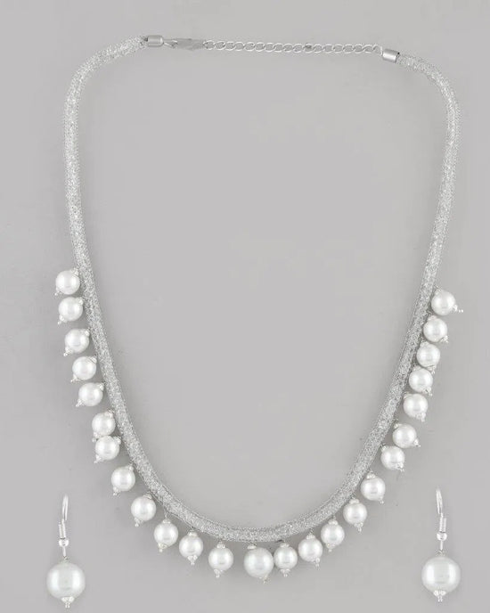 Silver Plated Pearls and AD-Studded Necklace & Earrings-VOJ092