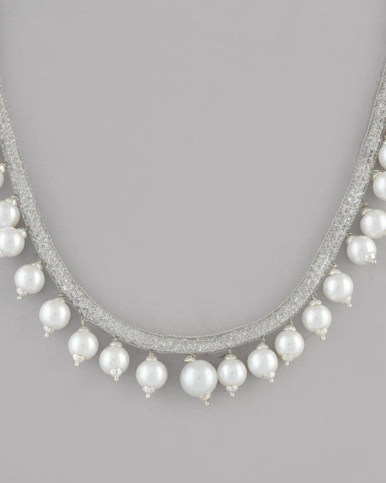 Silver Plated Pearls and AD-Studded Necklace & Earrings-VOJ092