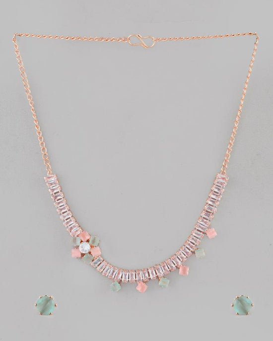 Rose Gold Plated AD-Studded Necklace & Earrings-VOJ095