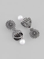 White Bead Studded Circular Oxidised Silver Plated Contemporary Jhumka-VOJ103