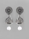 White Bead Studded Circular Oxidised Silver Plated Contemporary Jhumka-VOJ103