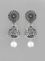 White Bead Studded Circular Oxidised Silver Plated Contemporary Jhumka-VOJ103