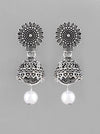 White Bead Studded Circular Oxidised Silver Plated Contemporary Jhumka-VOJ103