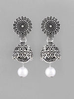 White Bead Studded Circular Oxidised Silver Plated Contemporary Jhumka-VOJ103