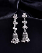 Studded Oxidised Silver Plated Contemporary Drop Earrings-VOJ105