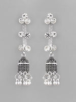 Studded Oxidised Silver Plated Contemporary Drop Earrings-VOJ105