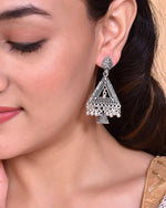 Studded Triangle Oxidised Silver Plated Contemporary Drop Earrings-VOJ107