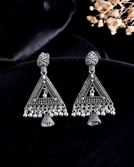 Studded Triangle Oxidised Silver Plated Contemporary Drop Earrings-VOJ107