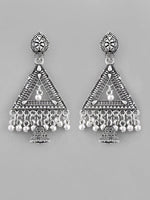 Studded Triangle Oxidised Silver Plated Contemporary Drop Earrings-VOJ107