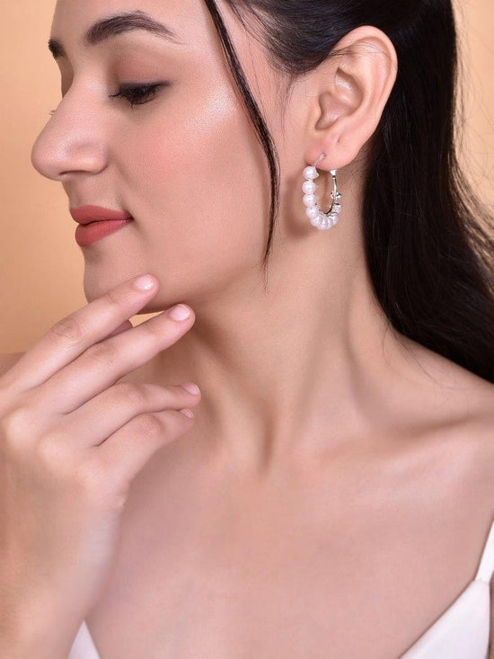 White Pearl Silver Plated Hoops Earrings-VOJ116