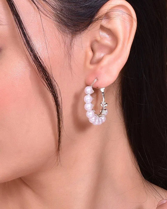 White Pearl Silver Plated Hoops Earrings-VOJ116