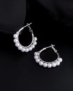 White Pearl Silver Plated Hoops Earrings-VOJ116