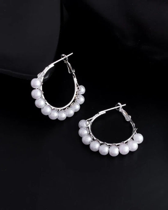 White Pearl Silver Plated Hoops Earrings-VOJ116