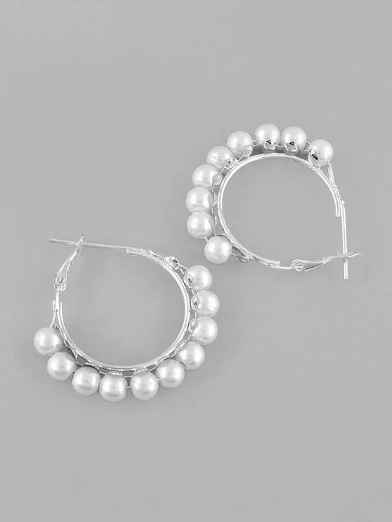 White Pearl Silver Plated Hoops Earrings-VOJ116