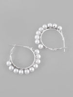 White Pearl Silver Plated Hoops Earrings-VOJ116