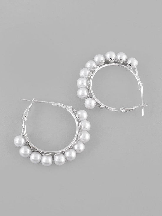 White Pearl Silver Plated Hoops Earrings-VOJ116