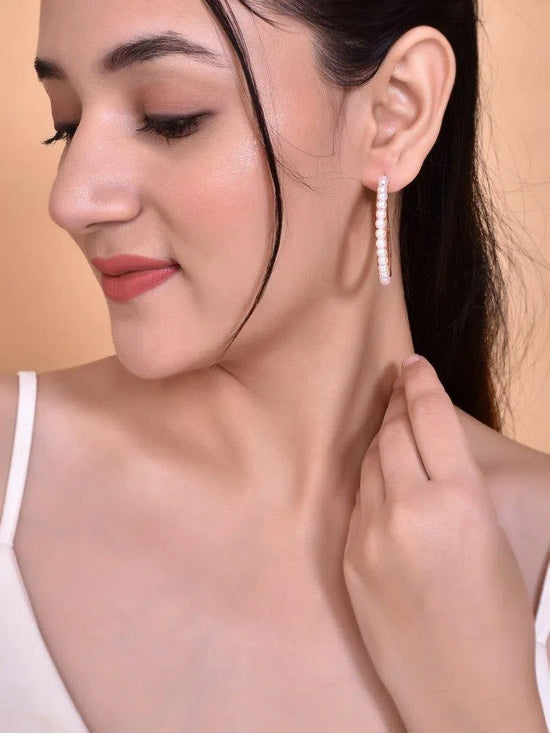 White Pearl Gold Plated Hoops Earrings-VOJ117