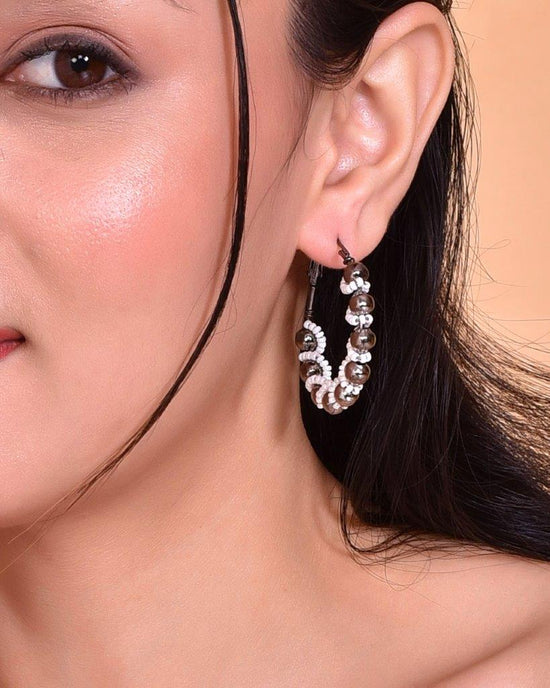 White Pearl With Silver Bead Hoop Earrings-VOJ119