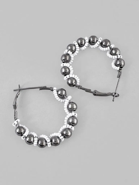 White Pearl With Silver Bead Hoop Earrings-VOJ119