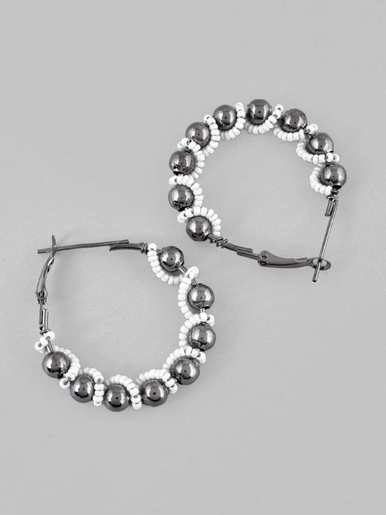 White Pearl With Silver Bead Hoop Earrings-VOJ119