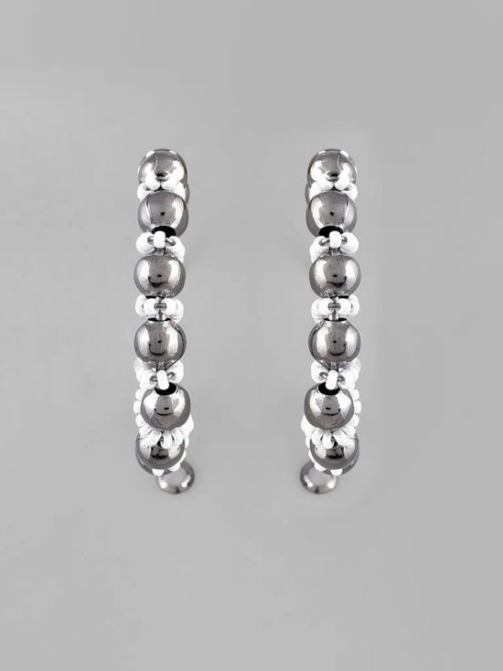 White Pearl With Silver Bead Hoop Earrings-VOJ119