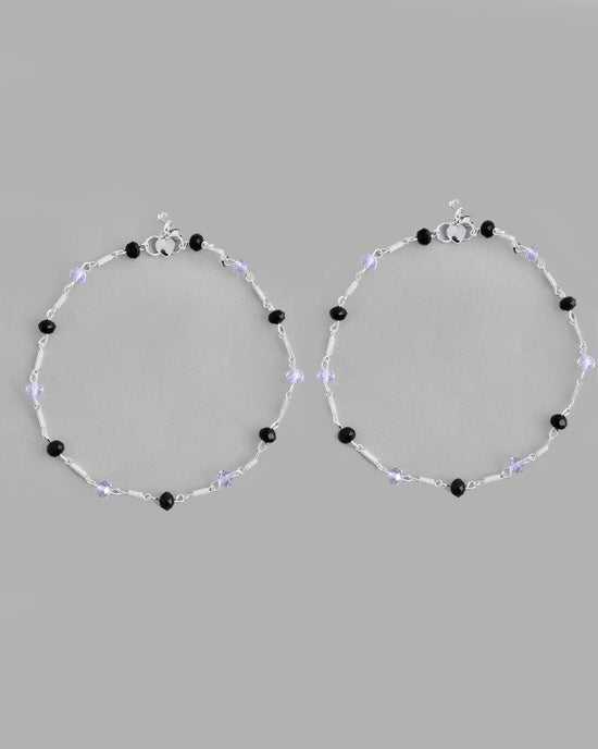 Set Of 2 Silver Plated Black & White Beads Anklet-VOJ124