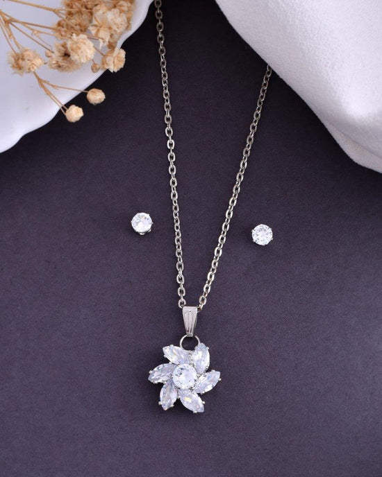 Silver Plated Flower Pendant Set-VOJ129