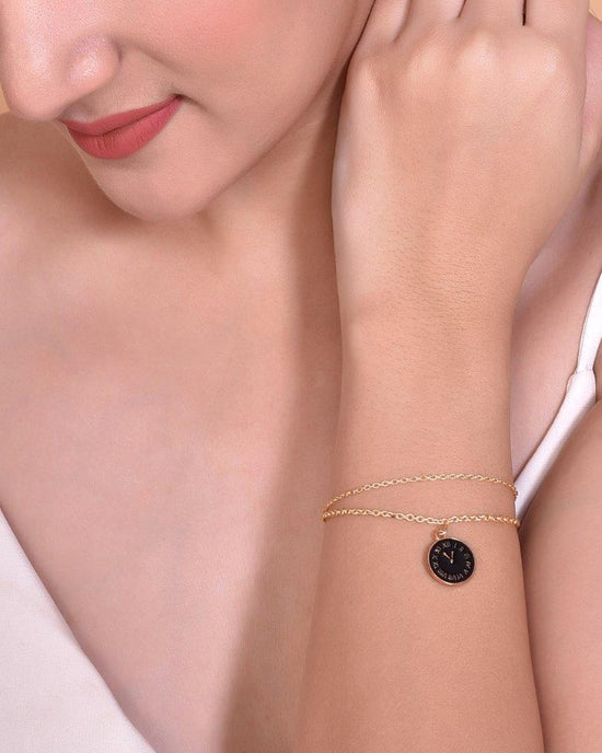 Gold Plated Black Clock Charm Bracelet-VOJ131