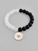 Black White Beads White Flower Elastic Bracelet-VOJ134