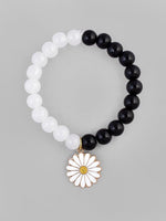 Black White Beads White Flower Elastic Bracelet-VOJ134