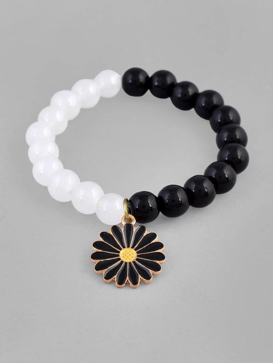 Black White Beads Black Flower Elastic Bracelet-VOJ135