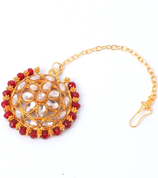 Gold Plated Red Beads Kundan Choker Jewellery Set With Mang Tikka-VOJ204