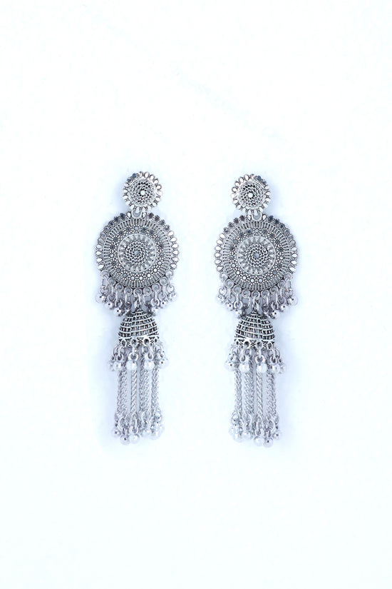 Silver Plated Oxidised Ghungharoo Studded Earrings-VOJ216