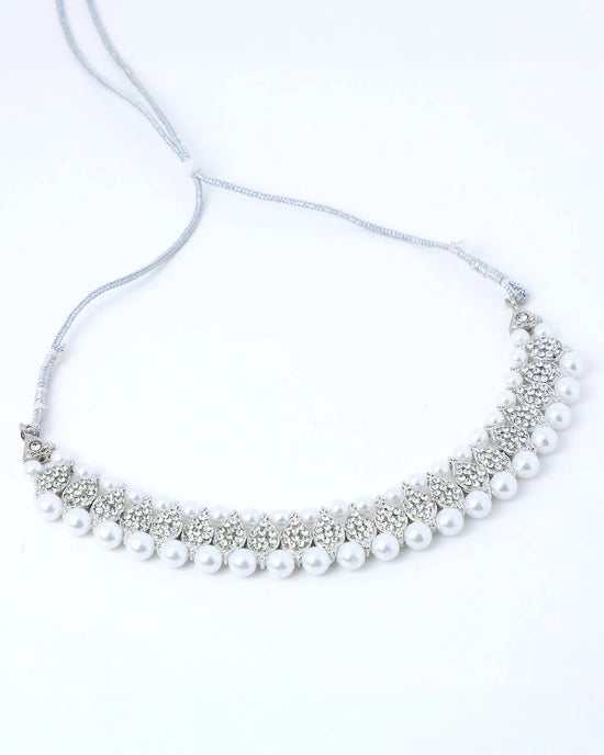 Silver Plated White Beads And Stone Studded Choker Jewellery Set With Mang Tikka-VOJ217