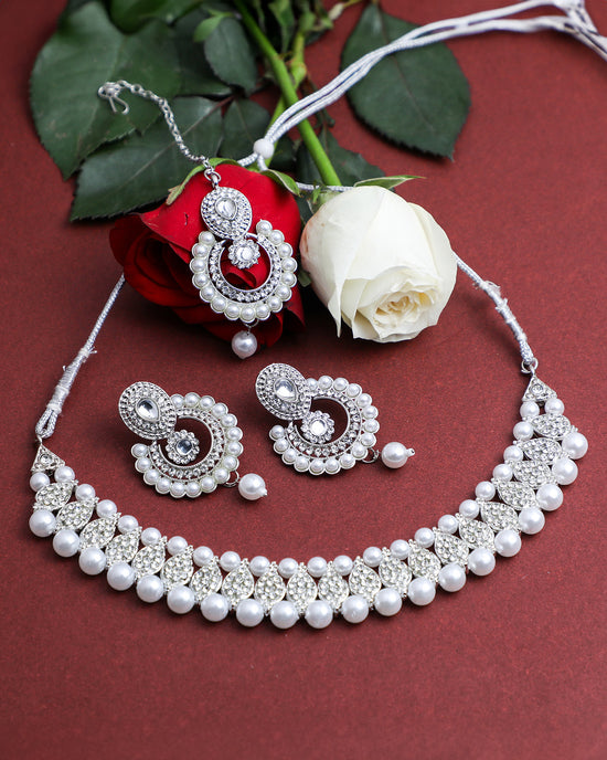 Silver Plated White Beads And Stone Studded Choker Jewellery Set With Mang Tikka-VOJ217