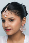 Gold Plated With White Pearl And Stone Studded Earring With Mang Tikka Set-VOJ221