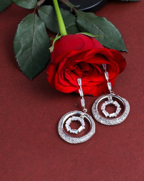 Silver Plated Stone Studded Circluar Drop Earrings-VOJ228