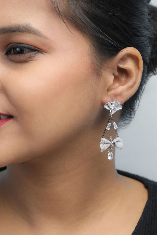 Silver Plated Stone Studded With Bow Triangle Shaped Earrings-VOJ229