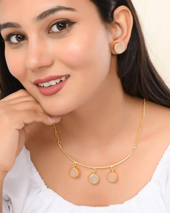 One Gram Gold Plated Stone Studded Necklace and Earrings Set-VOJ248