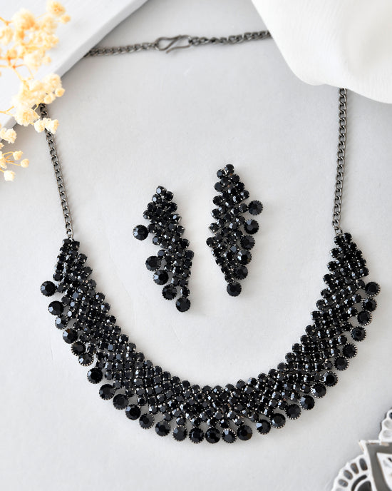 Black American Diamond Chokar Jewellery Set With Earrings-VOJ252A