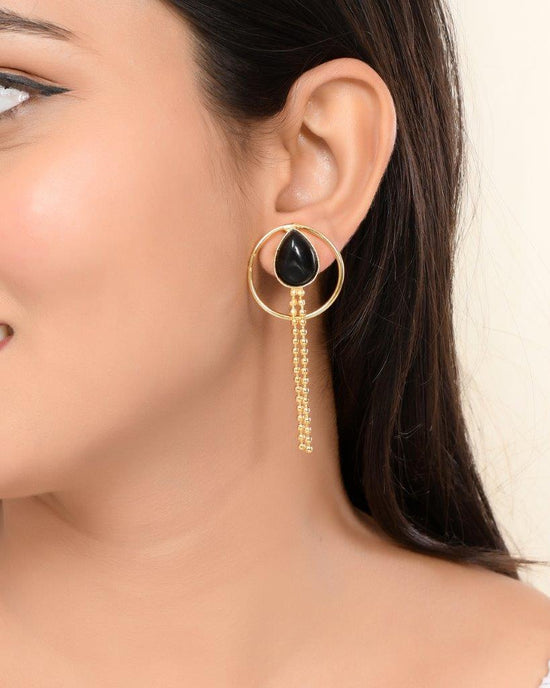 One Gram Gold Plated Drop Shaped Black Stone Studded Earrings-VOJ262