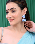 Set Of 2 Earrings- Blue Printed Jhumka With Black  AD Studded Drop  Earrings-VOJ273