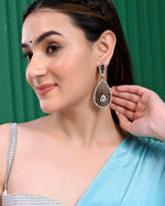 Set Of 2 Earrings- Blue Printed Jhumka With Black  AD Studded Drop  Earrings-VOJ273