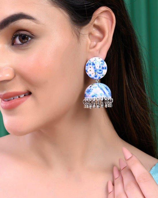 Set Of 2 Earrings- Blue Printed Jhumka With Black  AD Studded Drop  Earrings-VOJ273