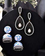 Set Of 2 Earrings- Blue Printed Jhumka With Black  AD Studded Drop  Earrings-VOJ273