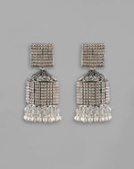 Black-Toned AD Studded Square Dome Shaped Jhumka Earrings-VOJ277