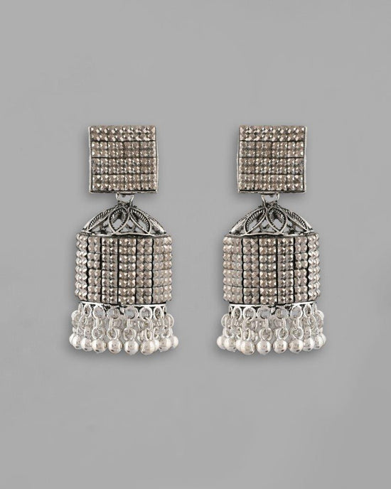 Black-Toned AD Studded Square Dome Shaped Jhumka Earrings-VOJ277