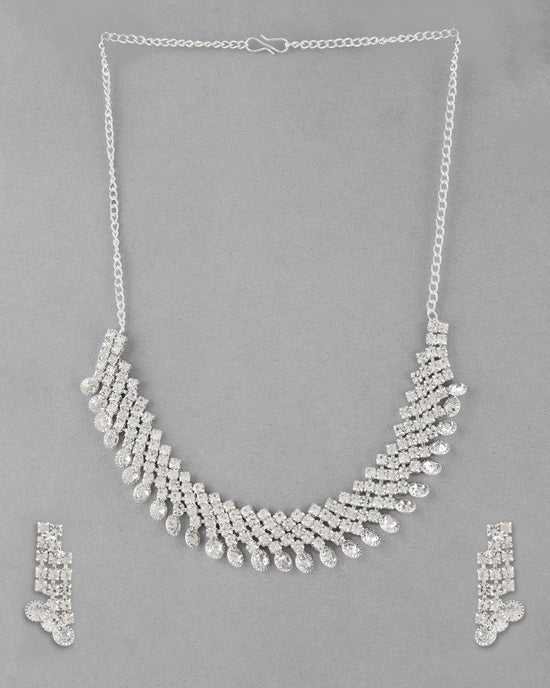 Silver Plated AD Stone Studded Necklace With Earrings Jewellery Set-VOJ281