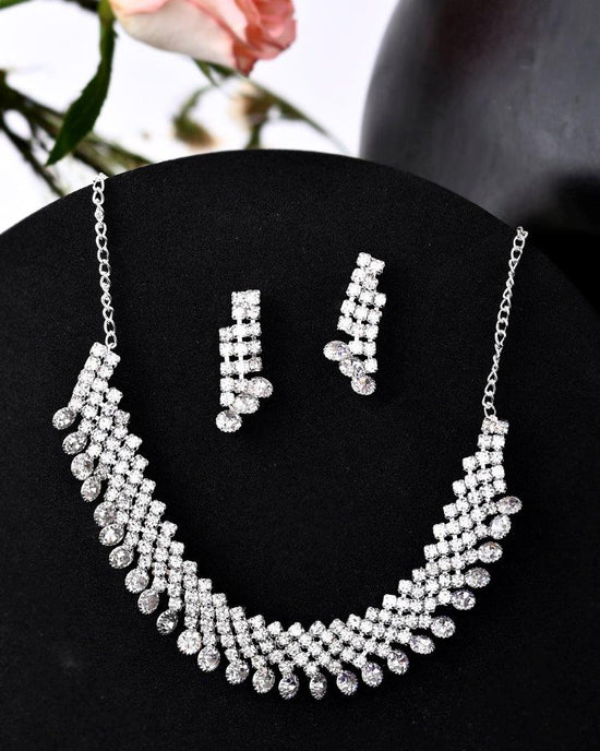 Silver Plated AD Stone Studded Necklace With Earrings Jewellery Set-VOJ281